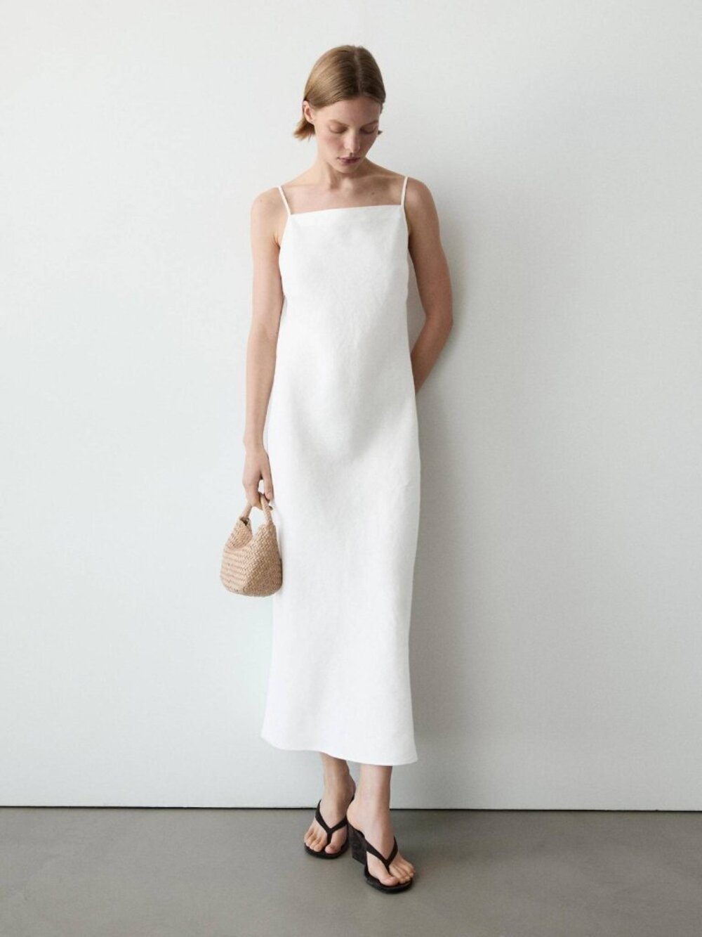 Massimo Dutti Midi Dress White 100% Linen Square Neck XS 6620/748 NWT